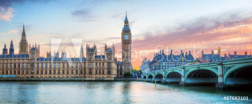 Picture of London UK panorama Big Ben in Westminster Palace on River Thames at sunset